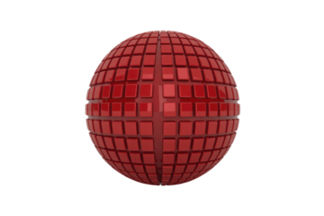 A striking 3D rendering of a segmented red sphere, composed of numerous square blocks, creating a unique texture against a plain transparent background. background removed
