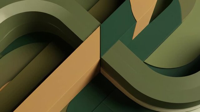 Evolving abstract geometric shapes in shades of green and beige slowly transform in a continuous seamless loop geometric, design, futuristic