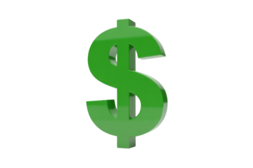 A shiny, vibrant 3D green dollar sign dramatically stands on a dark background, representing wealth, finance, and economic prosperity. background removed