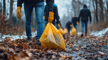 Eco volunteers collecting post-Christmas waste in park, wearing gloves and using bags, teamwork during holiday cleanup drive, environmental responsibility, copy space