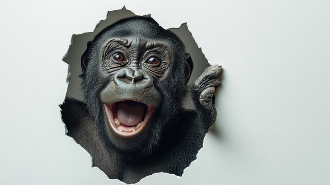 cute animal with expressive eyes peeking through torn hole in wall, showcasing curiosity and playfulness in whimsical and engaging manner. Wide banner with space for text. monochrome background