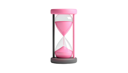 A 3D rendering of a pink hourglass with sand flowing from top to bottom on a black background