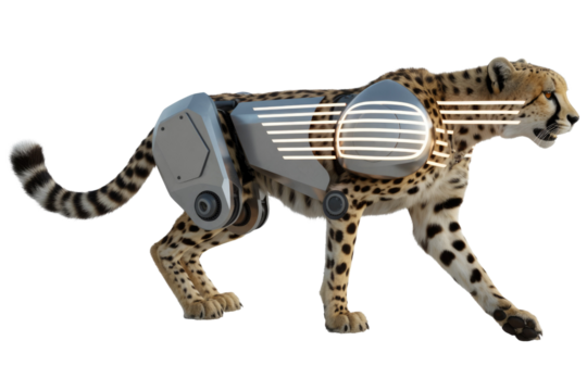 A bionic cheetah equipped with glowing futuristic cybernetic armor walks, blending natural grace with advanced technology. Concept of enhanced wildlife. background removed