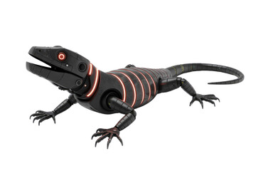 Obraz premium A sleek, futuristic robotic lizard with glowing red eyes and body accents, presented as a 3D rendered mechanical creature. It evokes advanced AI and bionics. background removed