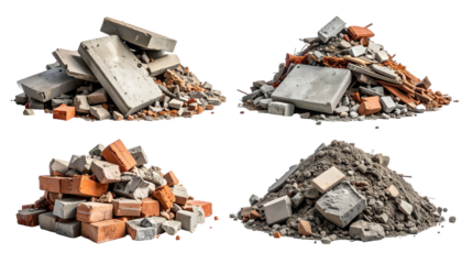 Four piles of construction debris featuring bricks, concrete, and miscellaneous rubble against black