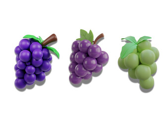 Cute 3D Grapes Illustration Set - Purple and Green Cartoon Fruit

