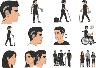 People Using Assistive Devices Hearing Aids and Prosthetics Vector Collection,People using assistive devices hearing aids, prosthetics