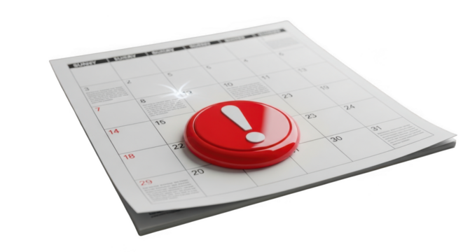 Red exclamation mark alert button on calendar page reminder important date deadline event notice