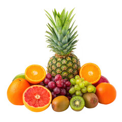Assortment of fresh fruits isolated on transparent background, including pineapple and citrus