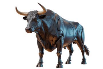 A powerful, dark metallic bull statue with prominent horns and robotic joint accents stands majestically, embodying strength and futuristic design. background removed
