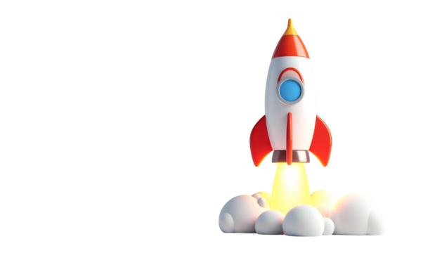 A 3D cartoon rocket blasts off from a cloud of smoke and flames against a black background