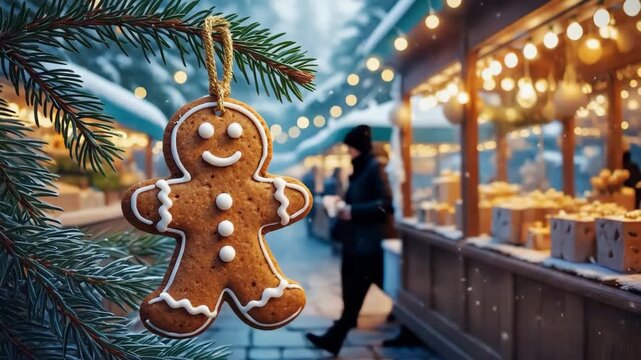 gingerbread man at Christmas street fair with bright lights and festive atmosphere at snowy winter day