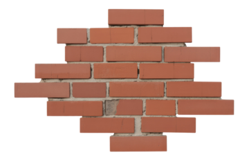 A cut-out section of a red brick wall with grey mortar lines, featuring one slightly damaged brick, isolated on a transparent background. background removed
