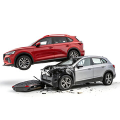 Red suv floating above a damaged silver car with debris scattered on a white background in a studio shot
