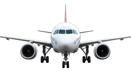 A frontal, symmetrical view of a white passenger plane at a standstill, isolated on black