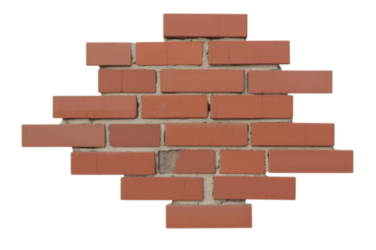 A cut-out section of a red brick wall with grey mortar lines, featuring one slightly damaged brick, isolated on a transparent background. background removed