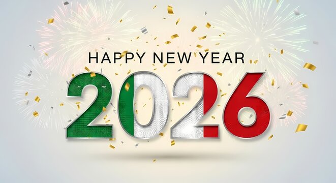 Happy new year 2026 with italy flag and fireworks isolated on white background