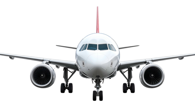 A frontal, symmetrical view of a white passenger plane at a standstill, isolated on black