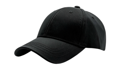 A black, structured baseball cap with a curved brim is isolated on a black background