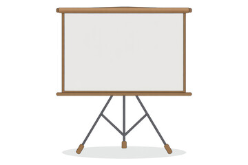 Fototapeta premium A blank white projector screen with a brown frame, supported by a grey tripod stand. Ready for presentation, education, or display. background removed