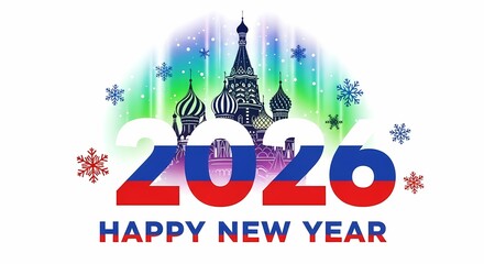 Happy new year 2026 with russian flag and moscow isolated on white background