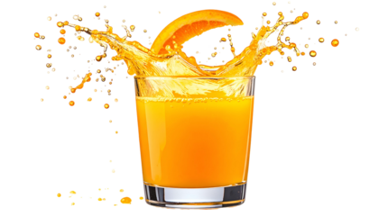 A glass of bright orange juice with a citrus wedge creating a splash and droplets