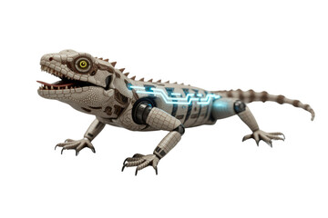 Obraz premium A detailed 3D render of a futuristic robotic lizard, blending organic iguana scales with glowing blue circuitry and mechanical joints on a transparent background. background removed