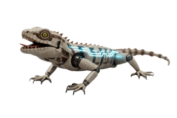 A detailed 3D render of a futuristic robotic lizard, blending organic iguana scales with glowing blue circuitry and mechanical joints on a transparent background. background removed