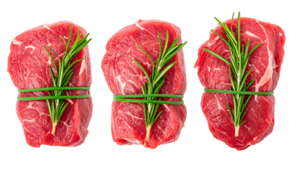 Three raw beef cuts bound with twine and rosemary sprigs, isolated on black