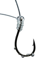 Extreme macro of glistening silver surgical fishing hook with icy water droplets, taut ice-blue monofilament line & Palomar knot on transparent. Concept of engineering precision