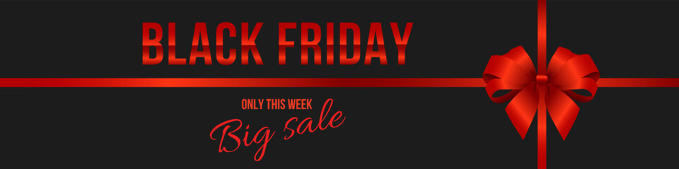 Elegant Black Friday banner with red ribbon and bow, metallic text, and dark background. Modern advertising layout for sales, promotions, and seasonal discounts
