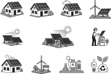 Solar Panels on Homes Micro Renewable Energy Setups Vector Collection