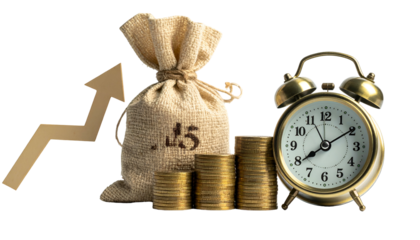 A burlap bag of money, coins, an alarm clock, and an upward arrow suggest financial growth
