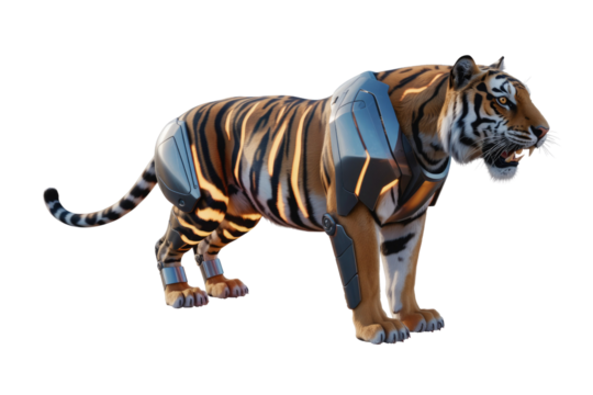 A fierce futuristic tiger with metallic, glowing cybernetic armor enhancements, snarling menacingly, showcasing advanced biomechanical design. background removed