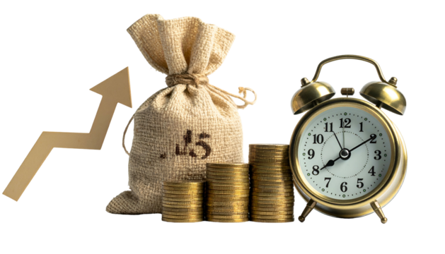 A burlap bag of money, coins, an alarm clock, and an upward arrow suggest financial growth