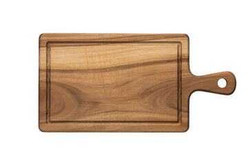 A rectangular wooden cutting board with a handle and juice groove, perfect for kitchen prep or serving, isolated on a clean background. background removed
