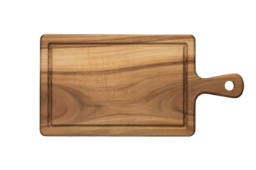 A rectangular wooden cutting board with a handle and juice groove, perfect for kitchen prep or serving, isolated on a clean background. background removed