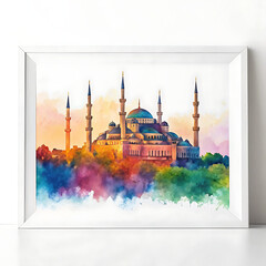 Framed watercolor painting of the blue mosque with vibrant colors on a white background and white frame