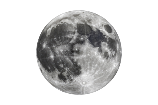 A detailed full moon image showcasing its cratered surface and dark maria against a solid transparent background, ideal for compositing. background removed