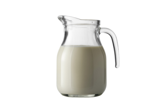A clear glass pitcher filled with fresh white milk, isolated against a solid transparent background, ready for pouring or serving. background removed