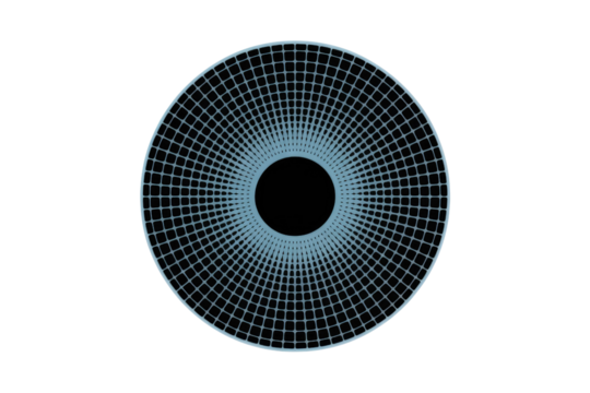 A stylized circular pattern with a black core, radiating light blue lines forming a grid of squares, on a solid transparent background. background removed