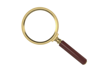 A classic magnifying glass with a golden frame and a dark red handle, ideal for detailed inspection or scientific discovery. background removed