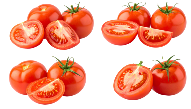 Four arrangements of ripe tomatoes, some whole and some sliced, isolated on black