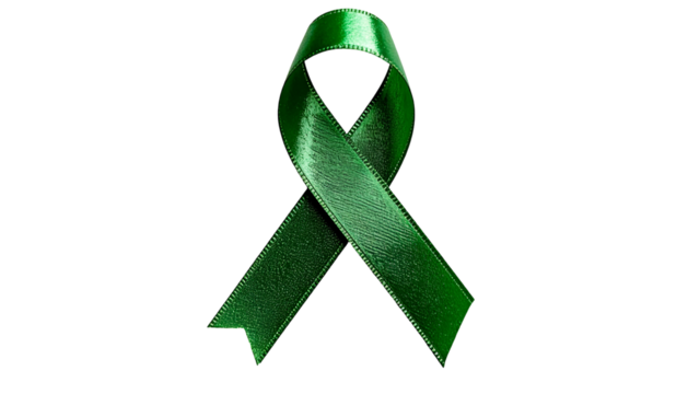 Close-up of a lustrous, green ribbon symbol, floating against a solid black background