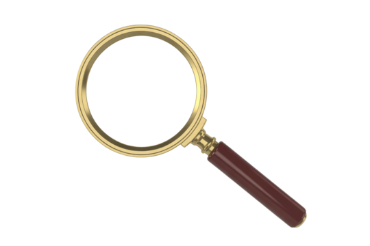A classic magnifying glass with a golden frame and a dark red handle, ideal for detailed inspection or scientific discovery. background removed
