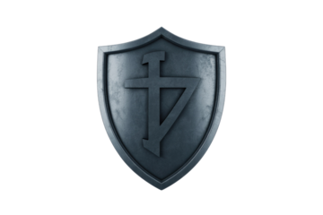 A weathered dark metallic shield features a unique stylized symbol, blending a cross with numerals 1 and 7, rendered in 3D. background removed