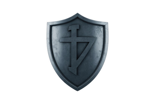A weathered dark metallic shield features a unique stylized symbol, blending a cross with numerals 1 and 7, rendered in 3D. background removed