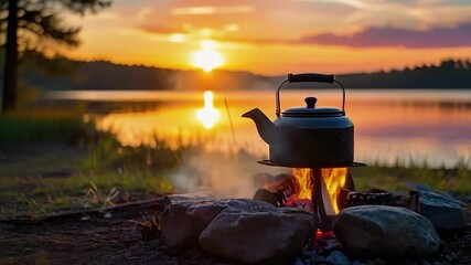 Black kettle boiling over open fire at lakeside during sunset, creating a cozy outdoor camping scene with warm golden light and peaceful nature atmosphere.	 - Powered by Adobe
