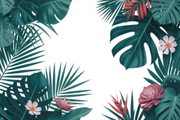 Lush tropical frame featuring diverse green palm leaves, monstera, and vibrant pink, red, white flowers on a solid transparent background. background removed
