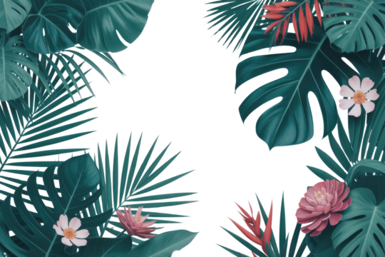 Lush tropical frame featuring diverse green palm leaves, monstera, and vibrant pink, red, white flowers on a solid transparent background. background removed